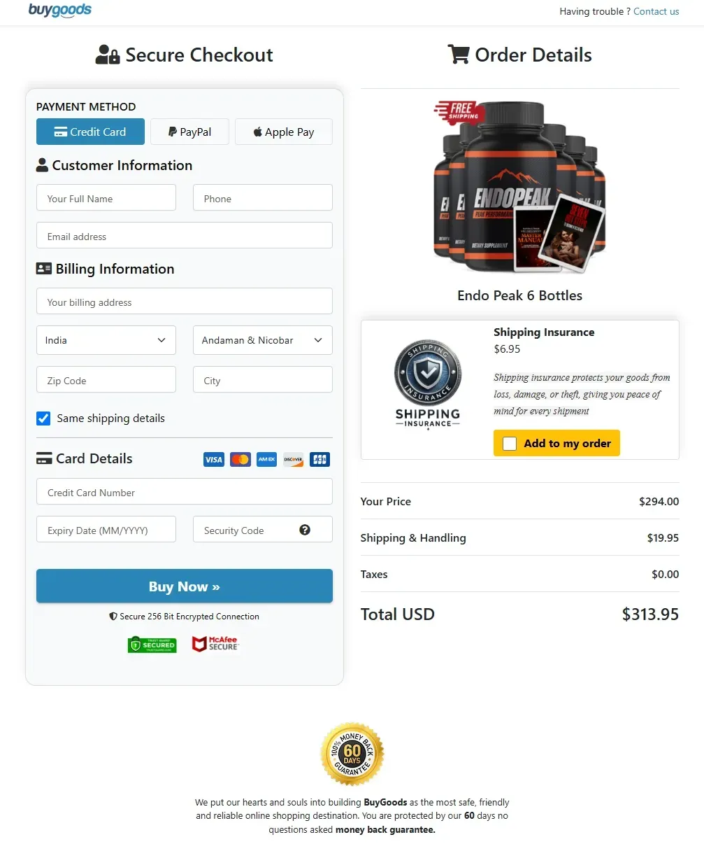 Endopeak secure checkout page